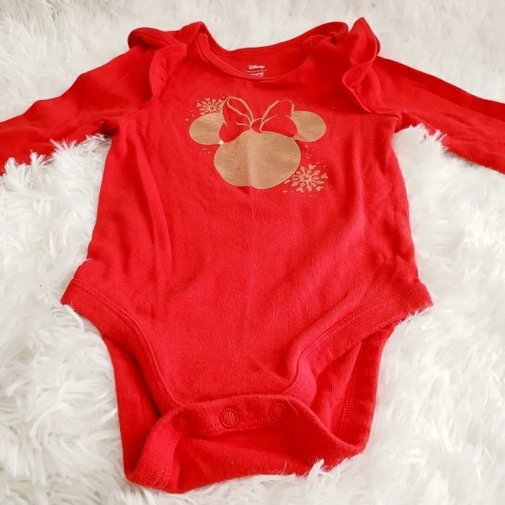 Like New Disney Christmas Red and Gold Minnie Mouse Long Sleeve Body Suit